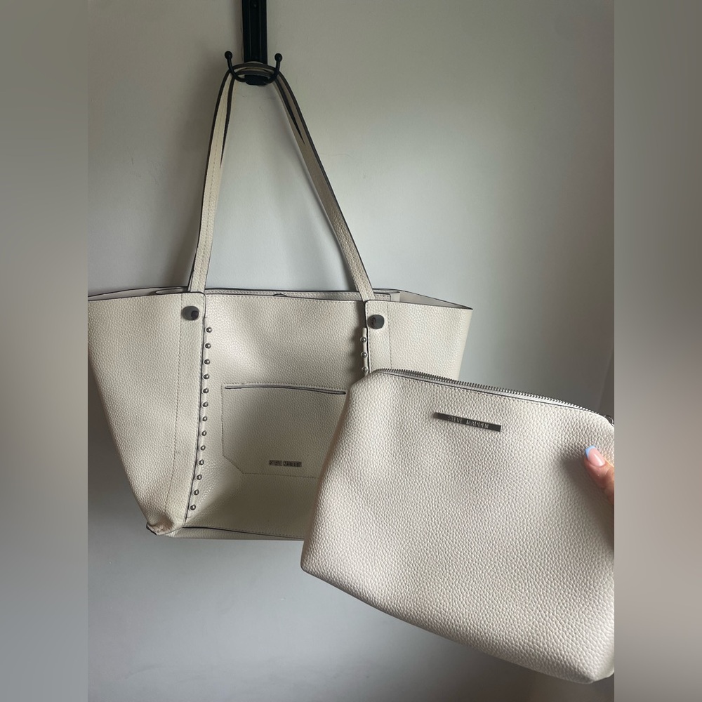 Steve Madden cream tote with silver studs and matching clutch